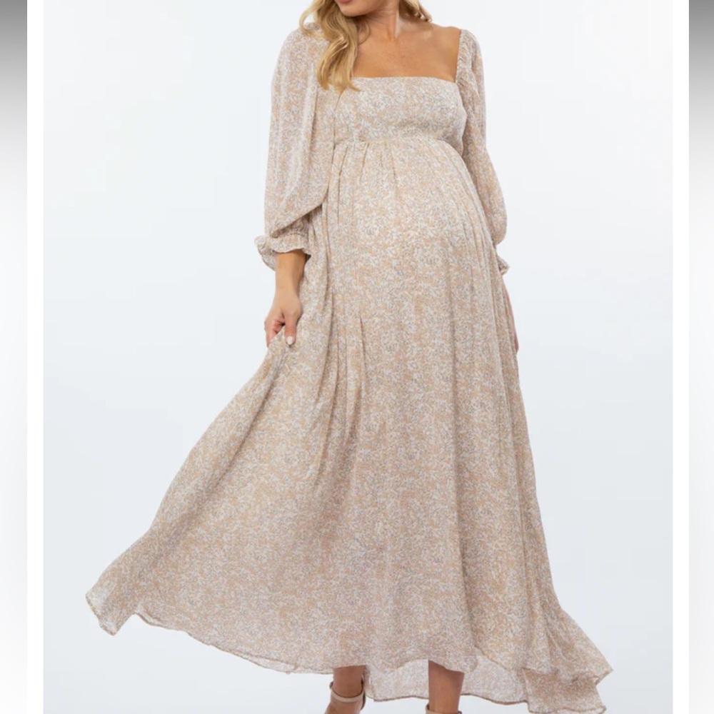 NWT Beige Chiffon Printed Square Neck Empire Maternity Maxi Dress- Pink Blush